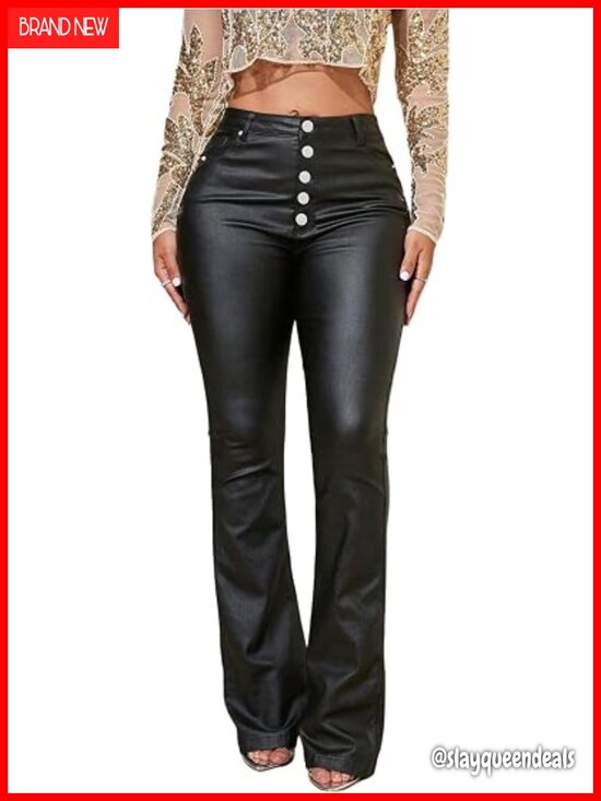 Pants - Faux Leather Flare Pants High Waisted Button Fly Skinny Trousers Punk